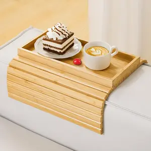 Bamboo Sofa Armrest Tray, Foldable Side Table with Non-Slip Base, Ideal for Snacks Drinks and Phones, Portable and Stylish Design