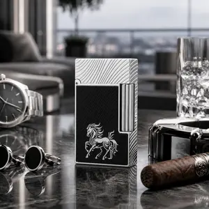 [Double Flame] DPT Silver Horse Black High-Gloss Glass Luxury Lighter (NO FUEL) 2026 Year of the Horse Profect gifts boyfriend