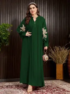 Muslim Women Ramadan Elegant Embroidered Abaya Dress, Dubai Style Leaf V Neck Long Sleeve Dress, Stylish Islamic Clothing, Modesty Muslim Clothing, Embroidery Abaya, Modest Muslim Outfits