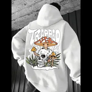 Men's Cartoon Mushroom & Letter Print Drawstring Hoodie, Regular Fit Casual Pocket Long Sleeve Hooded Sweatshirt, Men Clothes for Fall & Winter Daily Wear