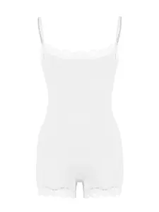 Women's Basic Solid Color Spaghetti Strap Lace Trim Seamless Slim Fit Bodysuit