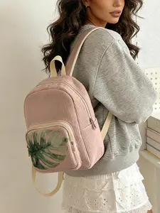1 piece of women's backpack with 2D printed turtle leaf pattern on pink background, velvet texture + layered storage + lightweight and easy to carry | perfect for students to go to class/shopping/short trips | combines atmosphere with practicality