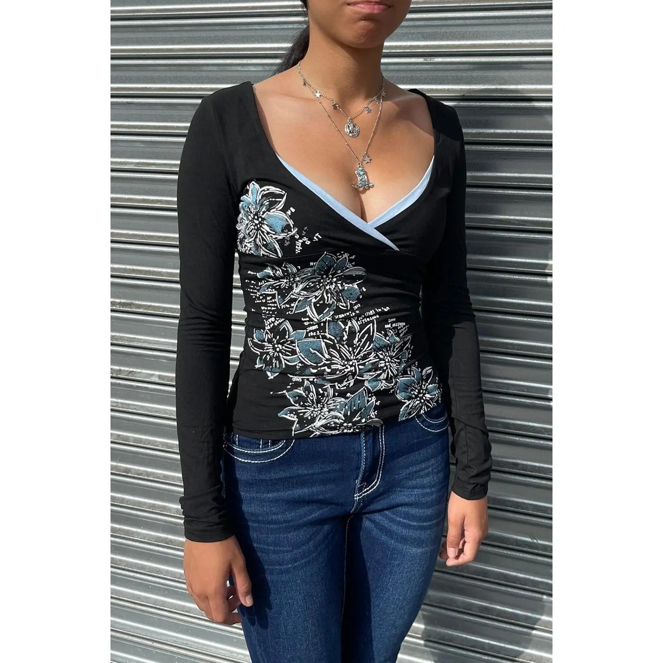 2000s Floral Print Contrast Layered Long Sleeve Surplice Top