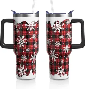 Christmas Plaid 40oz Tumbler with Handle – Red Snowflake Stainless Steel Cup, Holiday Gift for Coffee Lovers
