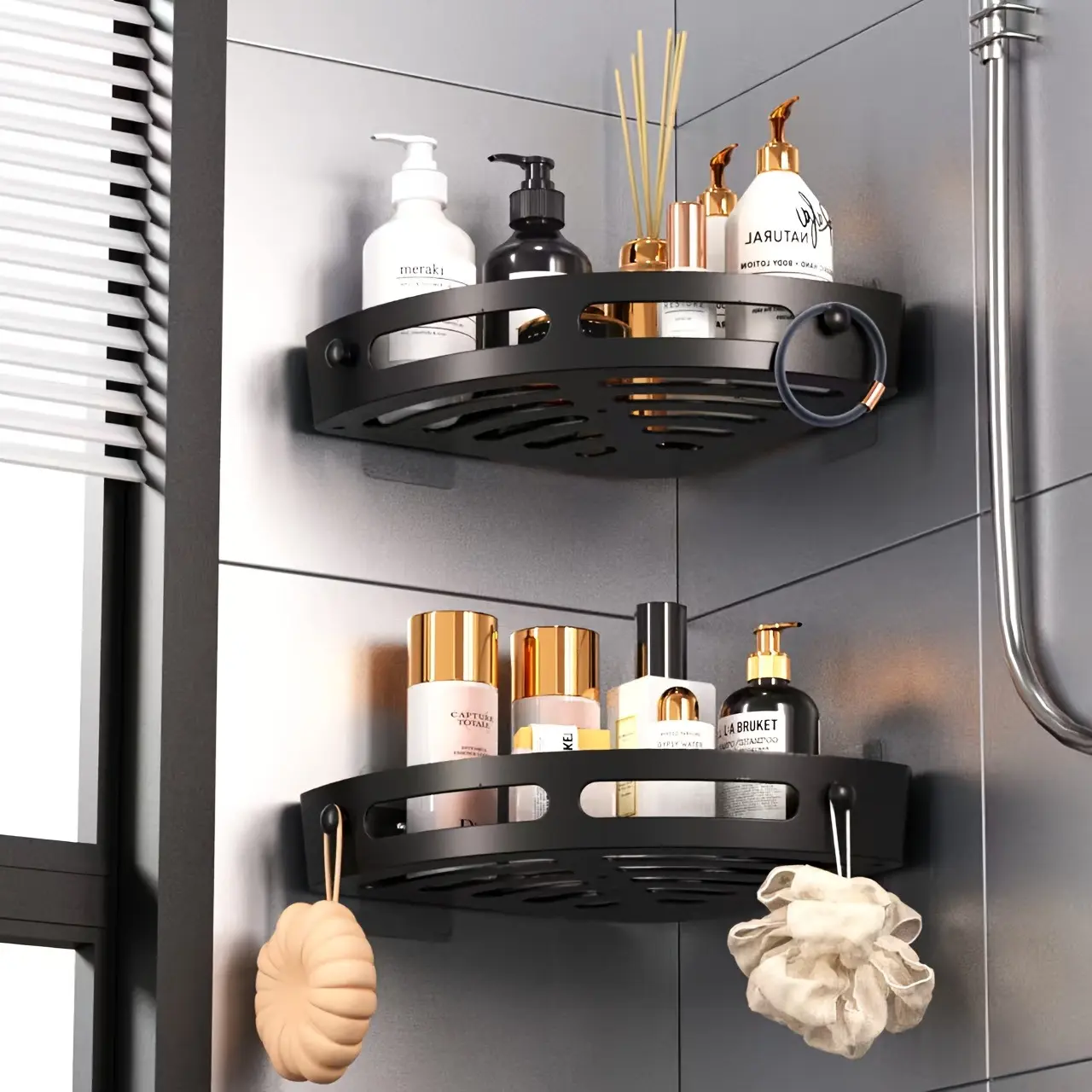 2-Pack No Drill Bathroom Corner Shelf, Adhesive Wall Mounted Shower Storage Rack for Shampoo and Body Wash, Bathroom Storage Organizer with Hooks and Drainage, Bathroom Accessory, Bathroom Organization