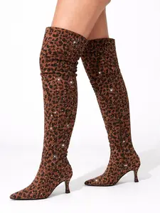 Brillante Rhinestone Over-the-Knee Boot with Sherpa-Lined Footbed Double Adjustable Buckle Straps in Bold Cow Print Classic Black Rich Brown and Warm Tan Women Footwear