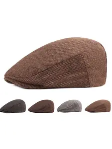Men's Vintage Herringbone Beret - Adjustable, Loose Fit Hat, Warm Fashion Flat Cap for Autumn & Winter
