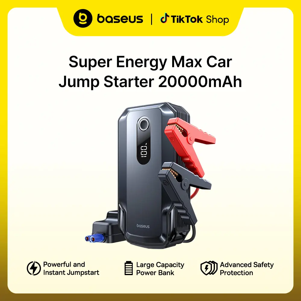 Baseus Compact 8000A Emergency Jump Starter Emergency Kit, 20000mAh Multi-Use Portable Battery Pack, 12V 5-in-1 Car Escape Tool, 30W Fast Charge, LED Display for 10.0L Max Gas Engines