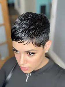 pixie wig short straight layered human hair wig for women natural black color  pixie cut human hair wigs brown burgundy machine made daily party cosplay gift use