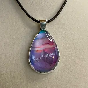 Teardrop Necklace with Vibrant Rainbow Colors and Unique Design. One of a kind. On 20” black leather cord. Handpainted.