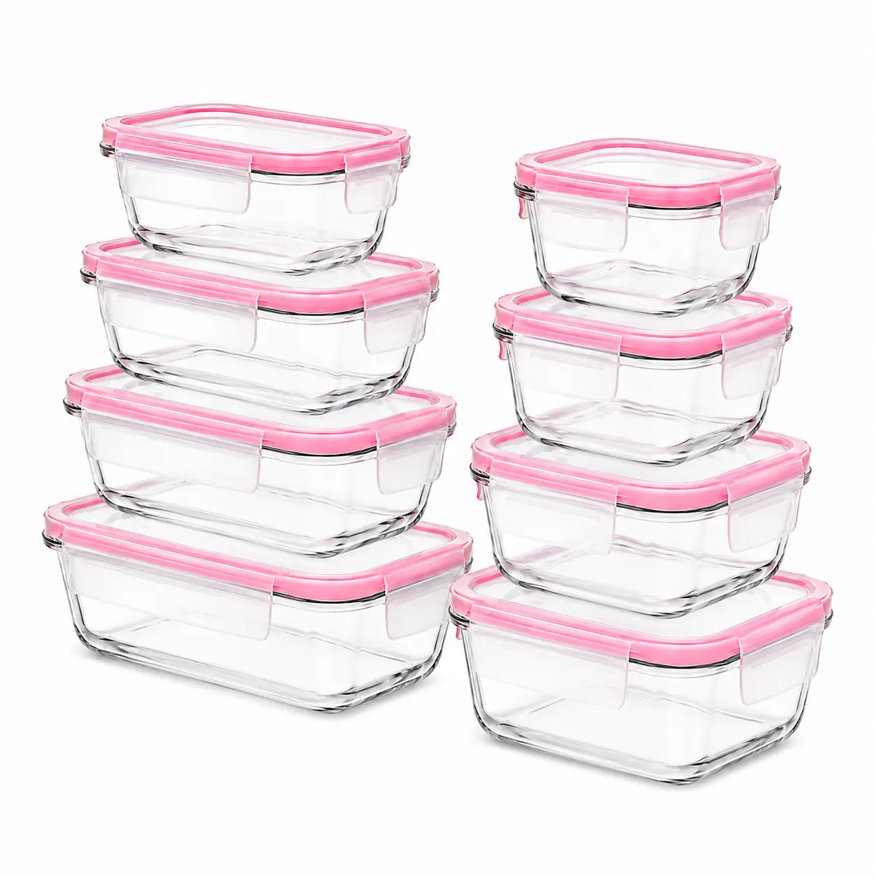 8-Pack Airtight Assorted Sizes Glass Meal Prep Containers with Locking Lids, Stackable Glass Food Storage Set for Lunches & Leftovers, Kitchen Organization Tool with 4 Included Cleaning Pads