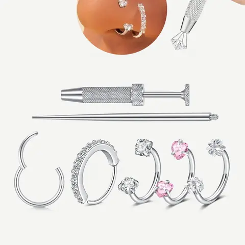 Cz Stainless Steel Nose Ring, Heart Design, 8mm Inner Threaded Hoop, Suitable for Cartilage, Tragus, Lobe, Lip Piercing Jewelry, Stainless Steel Noserings