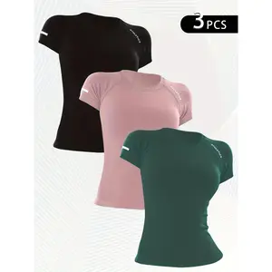 3pcs Women's Athletic T-Shirts - High Stretch, Breathable Nylon Short Sleeve Yoga & Fitness Tops with Letter Design in Black, Gray, and Teal  Tiktok shop sleeveless crop tank top compression shirts gym shirts