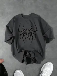 Men's Short Sleeve T-Shirt with Spider Outline Print, Breathable Fitted Design, and Silver Color Minimalist Style for Streetwear