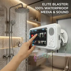 Waterproof phone Holder Mount with Bluetooth Speaker, Rotation360° Shower Case for Cell Phone, Anti-Fog Touch Screen Wall Mount Phone Mount, Portable Sound Box for Bathroom, Kitchen, Pool, Bathtub