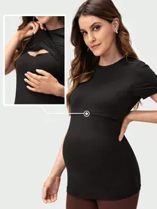 Maternity Short-Sleeve Sports Black T-Shirt, Casual, Nursing-Friendly for Breastfeeding, Summer Maternity Wear, Maternity Top, Maternity Clothing, Pregnancy Clothes, Nursing Apparel, Casual Fit Maternity