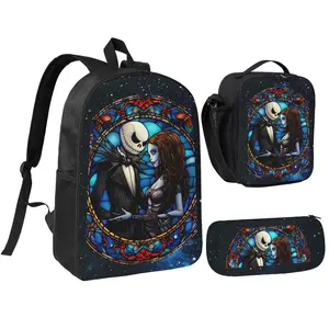 Three Piece Set The Nightmare Before10 Christmas Printed Backpack Waterproof Curved Adjustable Shoulder Strap High Capacity Mesh Messenger Bag
