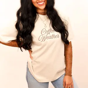 Comfortable Fit Embroidered Coffee Weather Sweatshirt Tshirt Oversized Acid Wash Finish Women's Fashion Casual Wear