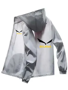 Men's Fashionable Salewa Letter Print Jacket, Casual Hooded Design, Zipper Pockets, Polyester Material, Spring & Fall Wear