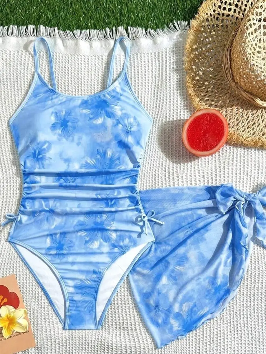 Teen Girl Floral Print Swimsuit Set, 2-Piece Bathing Suit with Matching Beach Cover-Up for Summer