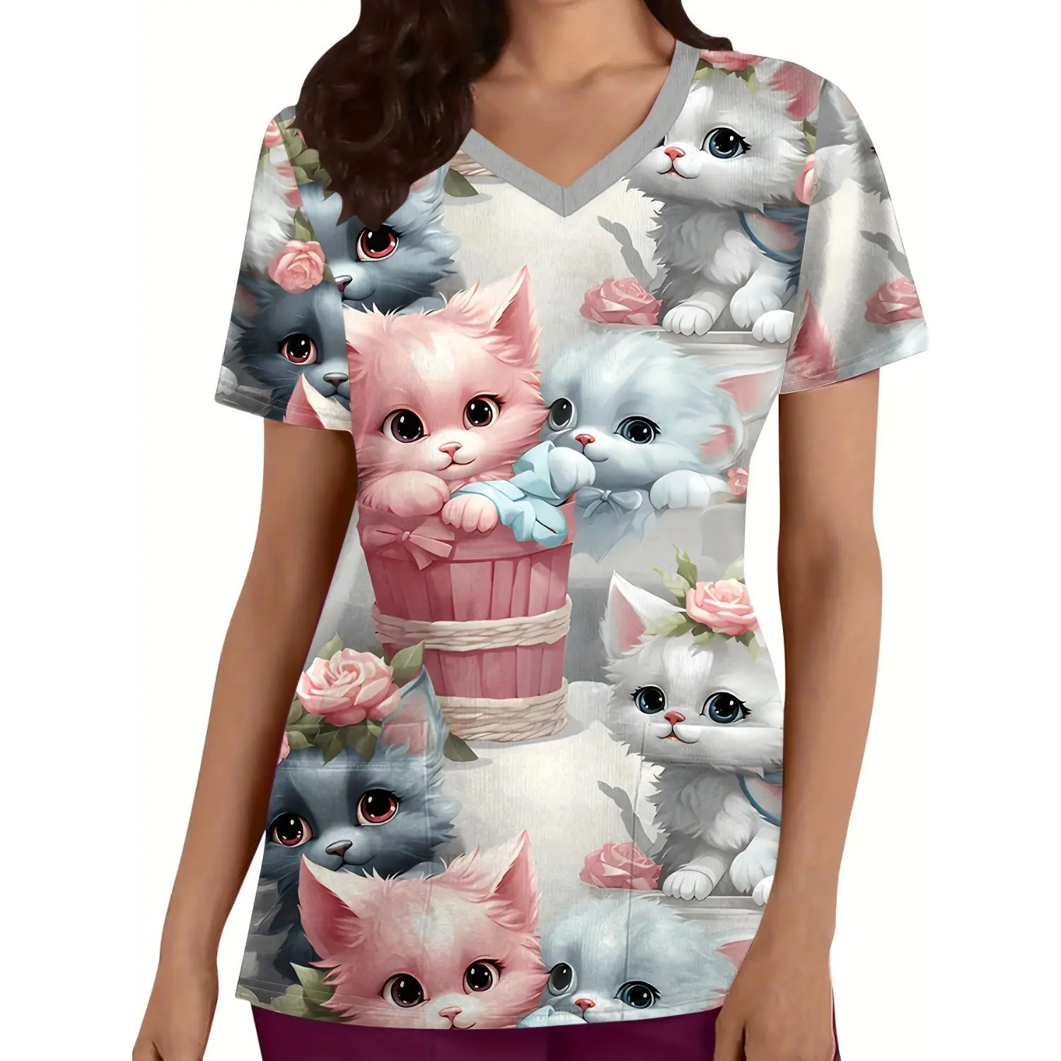 Adorable Kitten Print V-Neck Top, Comfortable and Functional Women's Workwear Health Uniform