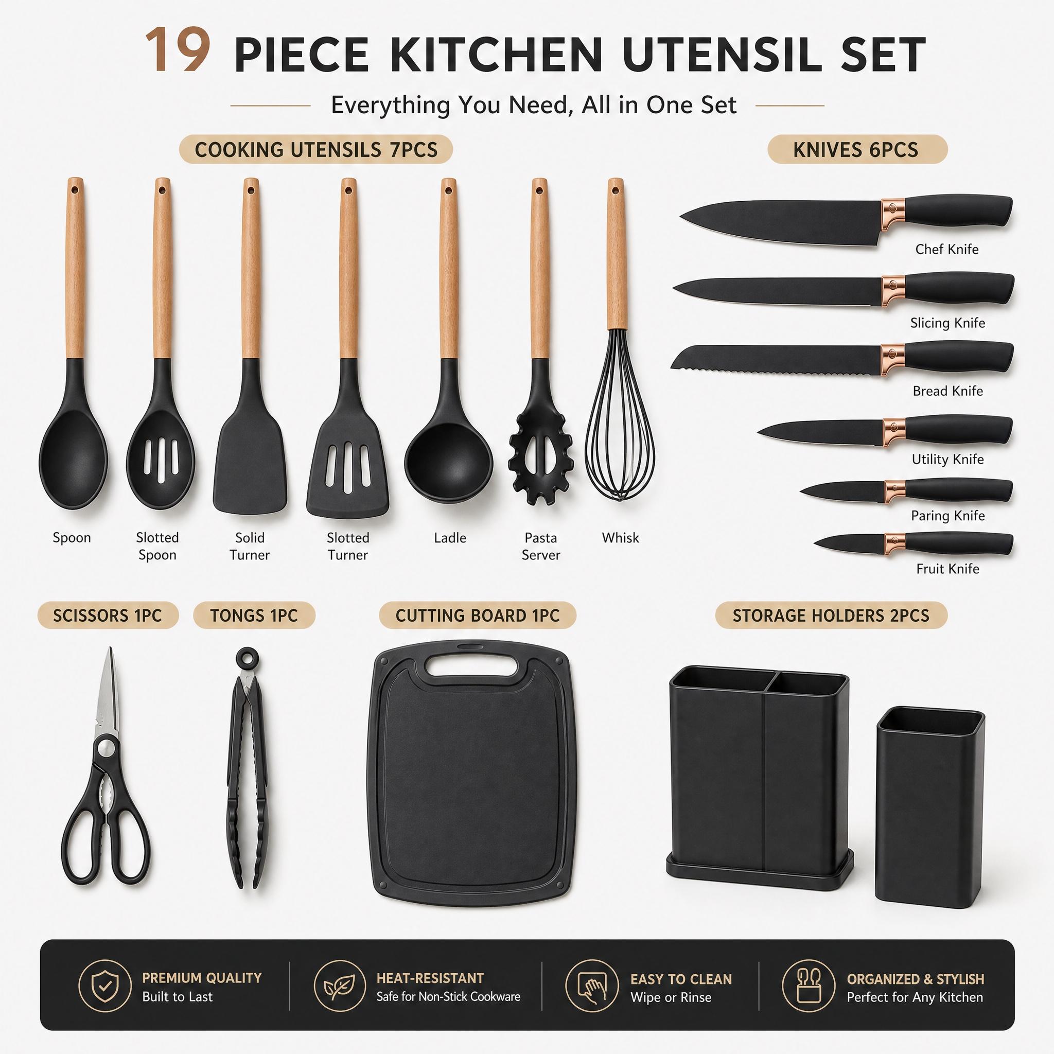 19-Piece Kitchen Supplies Set - Nonstick Silicone Cooking Utensils, 430 Food-Grade Stainless Steel Chef Knives with Wooden Handles, Professional Countertop Storage Rack for Home Kitchens