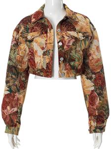 women's all over print button front crop jacket, casual vintage long sleeve collared outerwear for fall & winter, vintage tops, ladies clothes for daily wear, jackets for women, winter clothes women, clothing, womenswear