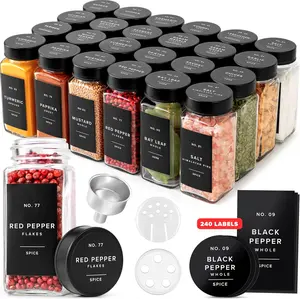 Glass Spice Jars with Label and Black Lids (24 x 4oz) Spice Containers with 240 Labels, Shaker Inserts, Steel Funnel, Empty Square Seasoning Organizer for Spice Rack, Cabinet, Drawer