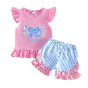 Toddler Baby Girl Country Farm Tractor Outfit Ruffle Short Sleeve God is Good T Shirt Tops Striped Gingham Shorts Summer Clothes