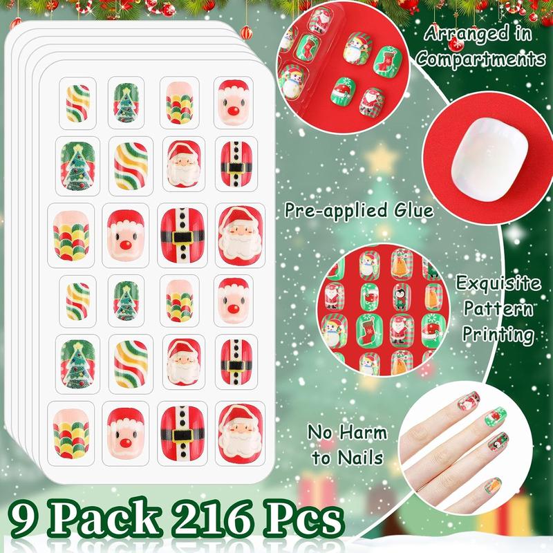 216 Pieces Kids Christmas Press On Nails 9 Pack Full Cover Short Stick On Fake Nails for Girls Cute Holiday Nail Art for Party Favors and Gifts