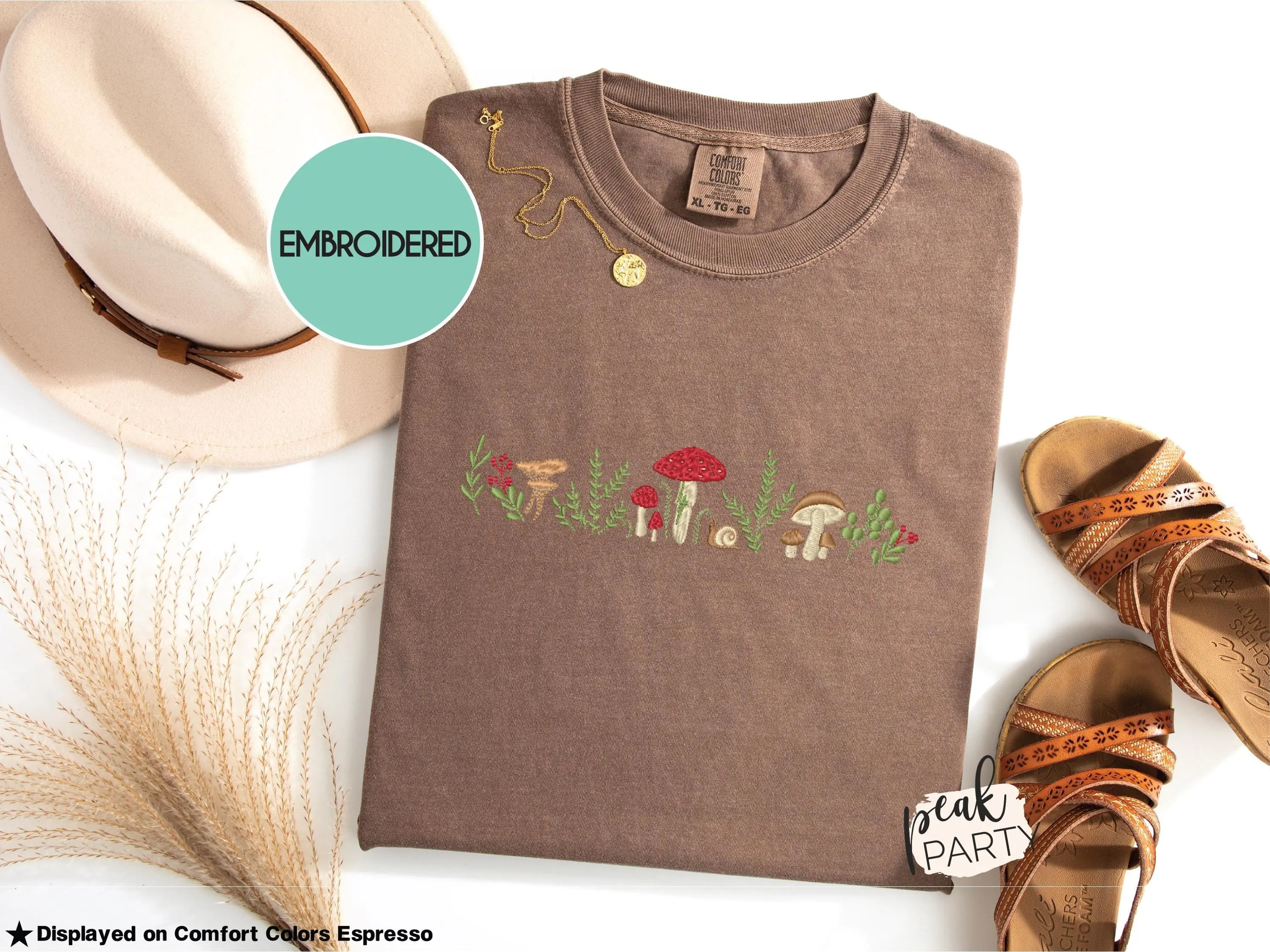 Embroidered Fungi Forest Comfort Colors T-shirt - Cute Cottage Core Mushroom Shirt - Trendy Botanical Cottagecore Crewneck - Goblincore Tee