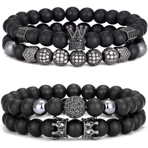 Crown King 4Pcs 8mm Black Matte Genuine Onyx Beads Alloy Charm Bracelet Set, Elastic Adjustable Exquisite Bracelet (7-8.5 in, adjustable from 7-8.5 inches) for Men-Women, Ideal for Birthday Gift (Choking Hazard: Small Parts)