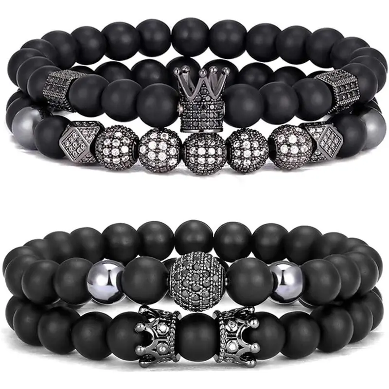 Crown King 4Pcs 8mm Black Matte Genuine Onyx Beads Alloy Charm Bracelet Set, Elastic Adjustable Exquisite Bracelet (7-8.5 in, adjustable from 7-8.5 inches) for Men-Women, Ideal for Birthday Gift (Choking Hazard: Small Parts)