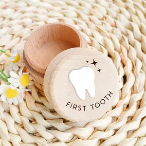 1 wooden "FIRST TOOTH" box with 3D white tooth pattern design, tooth preservation box, tooth storage box, tooth collection box, portable souvenir storage box, birth souvenir, home decoration