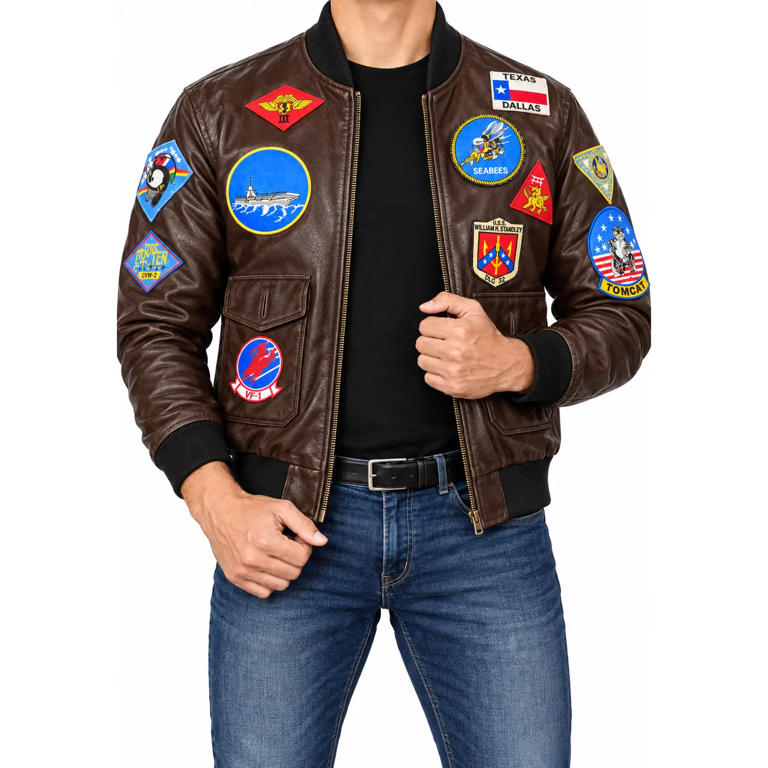 TopG Flight Bomber Jacket| Men Leather Aviator Coat & Fighter Pilot Patches Cosplay Coat, Tactical Outerwear Comfortable for Outdoor Adverntures & Comin On