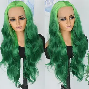 QD-Tizer Ombre Green Color Synthetic Lace Front Wigs 13x4 HD Glueless Body Wave Long Hair Wigs Two Tone Color Green Wig 26 inches