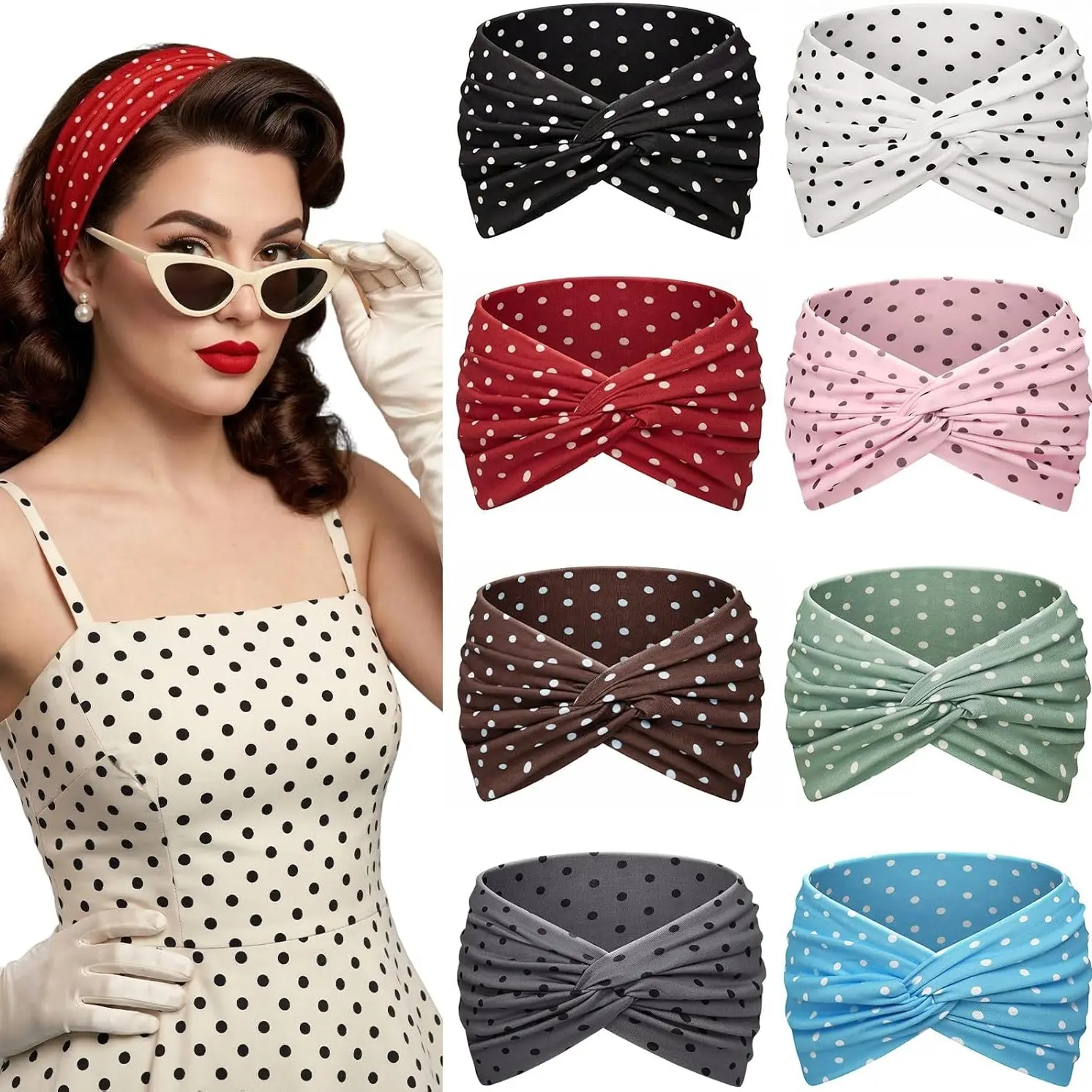 Ladies' 8-piece polka dot headband headband, fashionable wide retro printed headpiece, various color combinations for dressing headbands, cute Knotted Detail headbands, fashionable accessories, Vintage, Chic Headbands, Headband Accessory