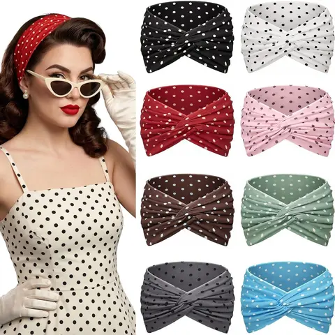 Ladies' 8-piece polka dot headband headband, fashionable wide retro printed headpiece, various color combinations for dressing headbands, cute Knotted Detail headbands, fashionable accessories, Vintage, Chic Headbands, Headband Accessory, Hairbands