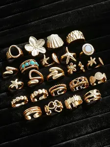 23-Piece Women's Ring Set, Vintage Elegant Boho Turquoise Star Flower Heart Shell Rings, Party Beach Date Gift Jewelry