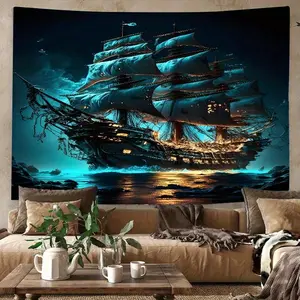 Vibrant Pirate Ship Ocean Tapestry - Durable Peach Light Beige Fabric Wall Hanging With Moonlit Night Scene, Detailed Sailing Ship Design, And Dramatic Blue & Black Sky - Perfect For Bedroom, Living Room, Dorm Decor - Unique Gift Idea, Bedr