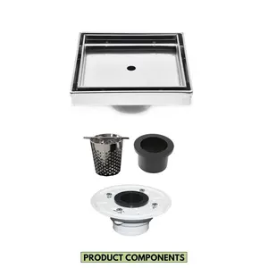 6 Inch Square Tileable Shower Drain with Hair Strainer and Drain Flange