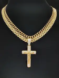 2Piece/Set  1 Artificial Zircon Cross Jesus Pendant With 2 Different-sized Cuban necklaces Men Hip Hop Punk Cross Jesus Pendant Necklace  Fashion Vintage Jewelry Suitable Valentine's Day gifts