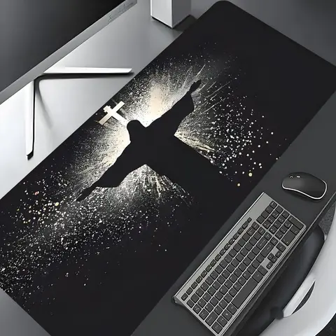 Jesus & Cross Illuminated Design Gaming Mouse Pad, Computer Desk Mat, Computer Desk Accessories, Desktop Decoration Protection Pad, Washable Rubber Pad Non-Slip Lock Edge Multi-Size Mouse Pad For Home Office
