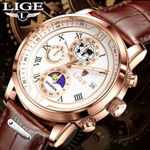 LIGE Business Style Men's Quartz Watch: 43mm Dial Diameter, 30m Water Resistance, Nighttime Luminous, Leather Strap, with Calendar Function.