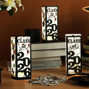 6 Pcs Light Up Graduation Centerpieces Class of 2026 Graduation Decorations Lantern Boxes for College High School Congrats Graduation Party Supplies Black