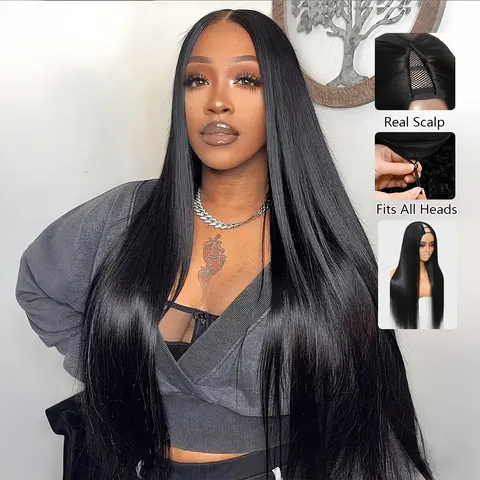 Cheetahbeauty V Part Wigs Human Hair Glueless Clip-in, Straight Body Wave Beginner Friendly Ready-to-Go, No-Sew No Glue Brazilian Remy Hair, Natural Black FB30, 180% Density, Medium Cap Size