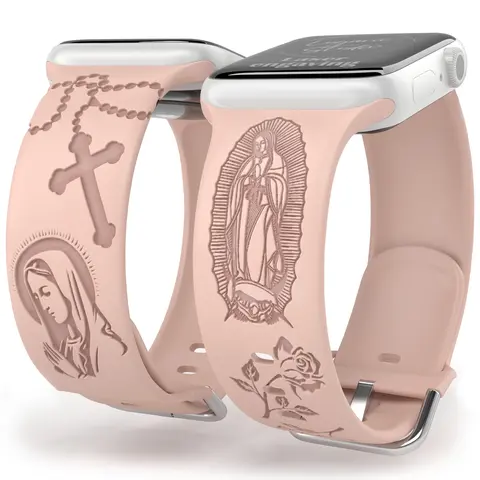 SuperLugano Virgin Mary with Cross Watch Band compatible with iWatch Smartwatch Laser Engraved Band Silicone Ultra 38mm 40mm 41mm 42mm 44mm 45mm 46mm 49mm Strap Virgin De Guadalupe Jesus God Accessories Wearable Personalized Durable