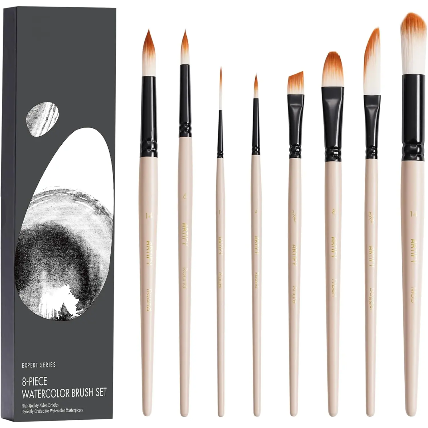Watercolor Brush Set, 8 count Professional  Brushes with Case for Beginners and ists, Various Shapes, Optimized Hairs for Watercolor, Gouache, Ink, Tempera, and Fabric Painting