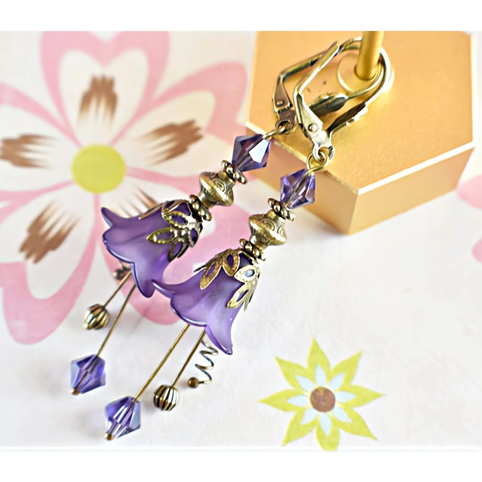 Chic Brico Vintage Victorian Style Purple Velvet and Antique Bronze Bell Flower Lucite Earrings