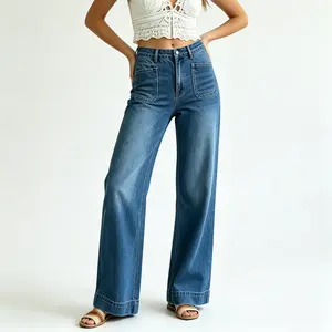 Women's Wide Leg Jeans High Waisted Tummy Control Stretchy Pockets Tummy Control Cropped Jeans